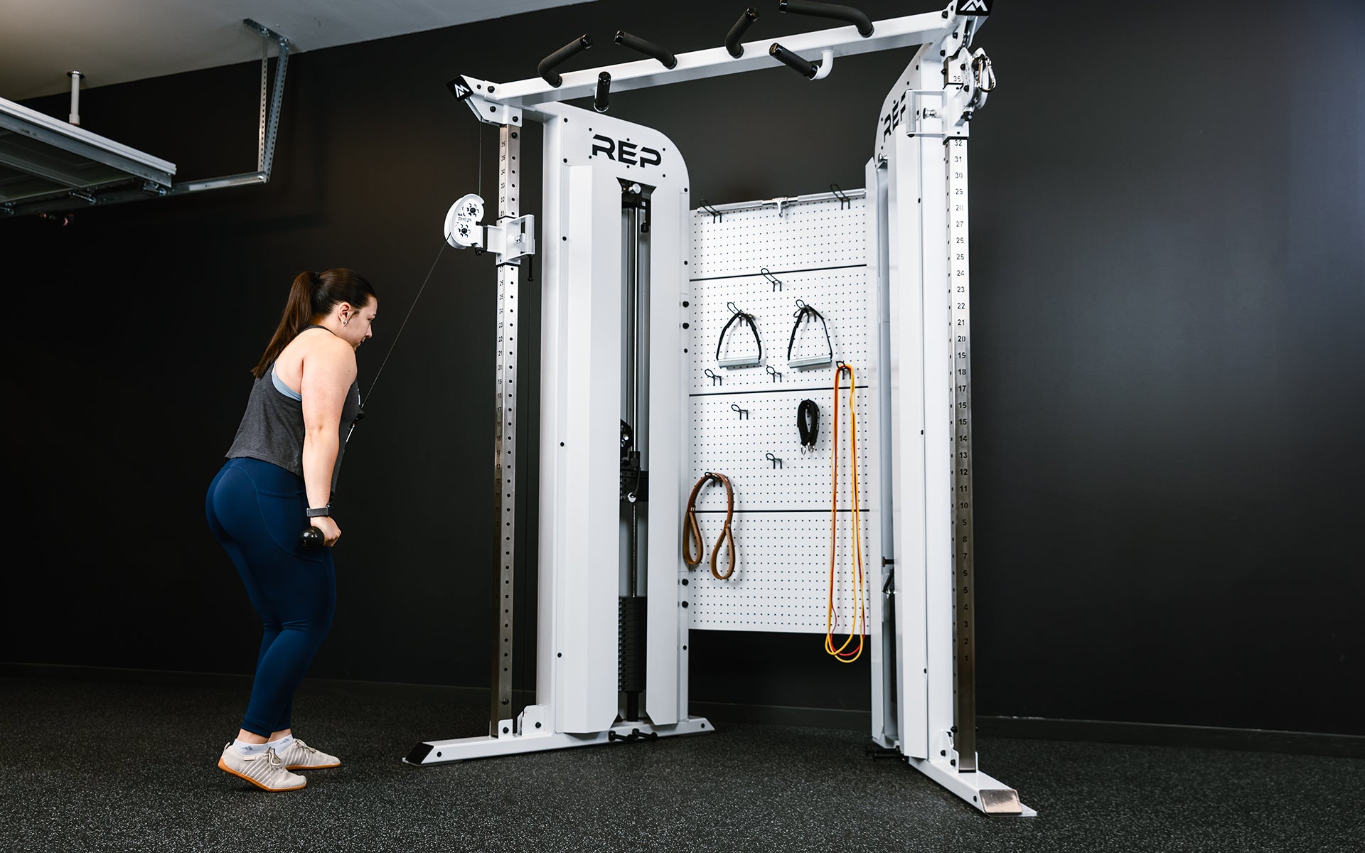 Rep Fitness - Arcadia Max functional trainer being used for tricep push downs - White - Gym Equip
